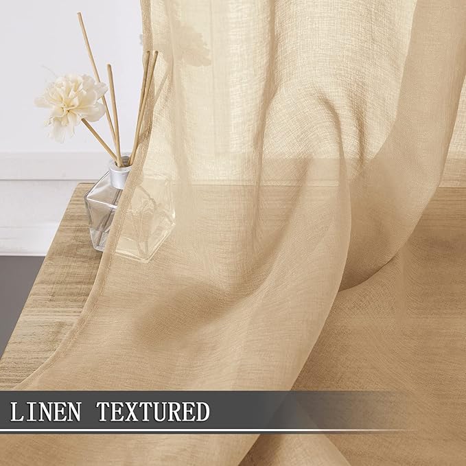 Tollpiz Short Sheer Curtains Linen Textured Living Room Curtain Sheers Light Filtering Rod Pocket Voile Curtains for Bedroom, 42 x 45 inches Long, Beige, Set of 2 Panels