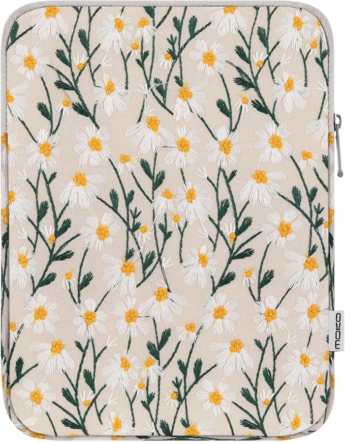 MoKo 9-11 Inch Embroidered Daisy Sleeve Pouch Fits New 11-inch iPad Pro M4/iPad Air M2 2024, iPad Air 5/4/3 10.9"/10.5", iPad Pro 11 M2, iPad 10th 10.9, iPad 9/8th Gen 10.2, Tab S8/S9 11", White Daisy