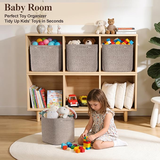 Storage Cubes 11 Inch Storage Baskets for Shelves, Set of 3 Cotton Rope Woven Baskets for Organizing, Cube Storage Square Bins for Toy, Playroom Decor, Classroom, Closet, Brown
