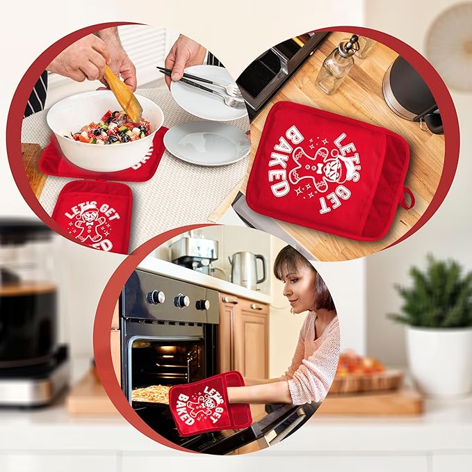 Funny Gingerbread Christmas Baker Pot Holders with Pockets, Let's Get Baked Christmas Gingerbread Man Oven Pot Holders Heat Resistant Oven Mitts Hot Pads for Kitchen Baking Cooking