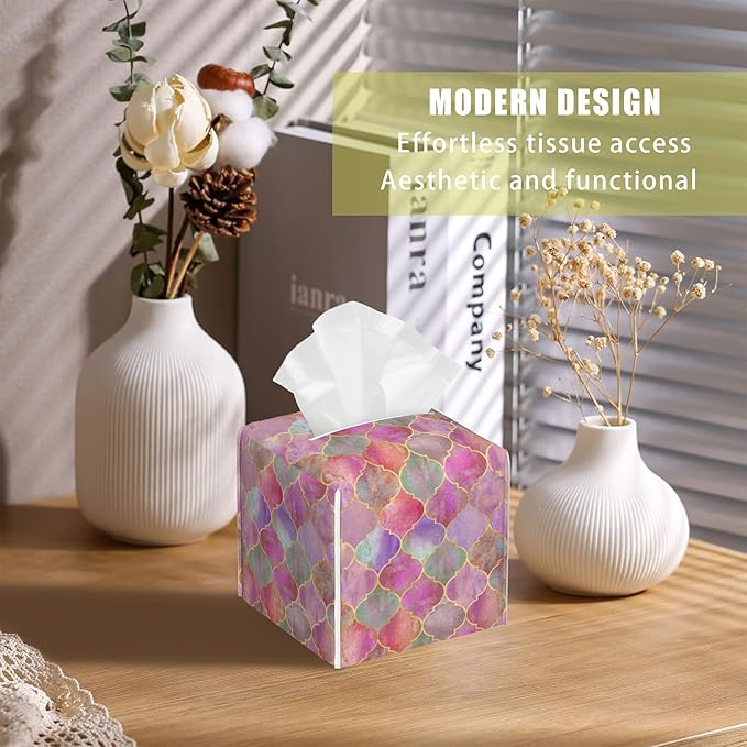 BLYKVGHQ Pink Moroccan Quatrefoil Tissue Box Cover Square, Tissue Box Holder with Bottom Belt Leather Facial Paper Organizer Dispenser for Bathroom Bedroom Dresser Night Stand Tabletop