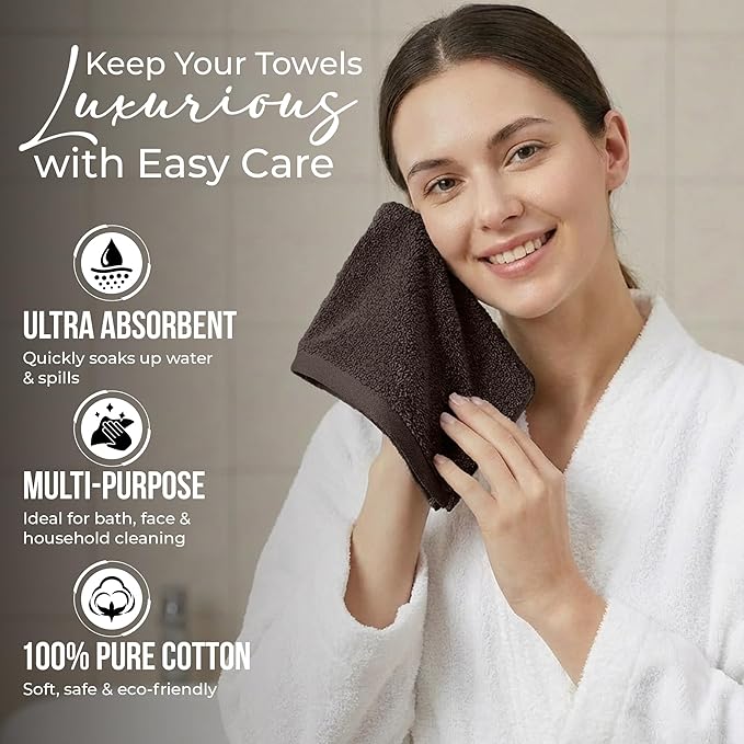 RIVERSIDE 24 Pack Washcloths Set - 100% Cotton [12x12 Inches] - 500 GSM, Soft, Quick-Dry & Highly Absorbent Face Towels - Perfect for Bathroom, Gym, Hotel, Spa & Travel - Brown