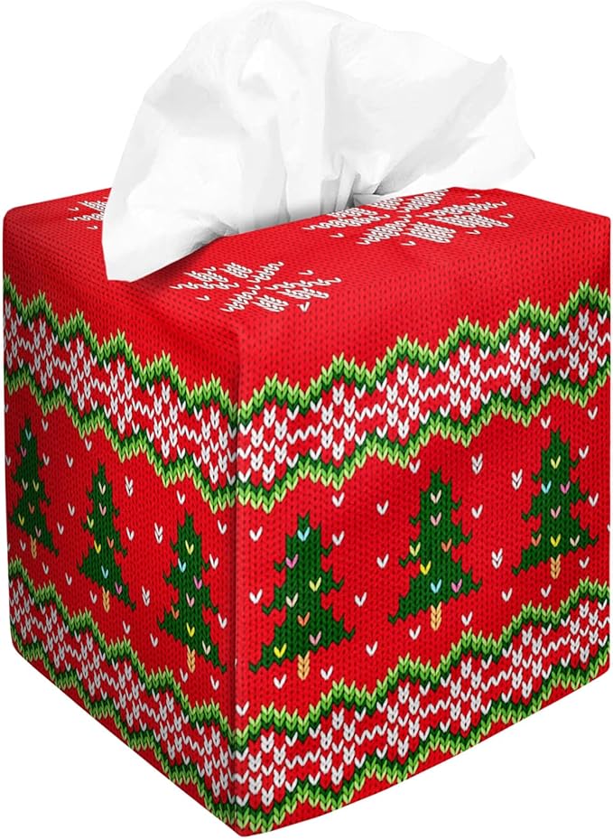 IRADA Tissue Box Cover Square Decorative Tissue Box Holder Cute Funny Cube Tissue Case Cover-Xmas Decor Red Tree Tissue Box Cover