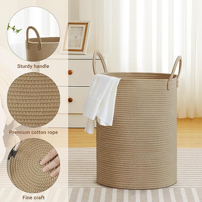 SunNewt Tall Laundry Basket with Handles, 58L Portable Dirty Clothes Hamper, Boho Cotton Rope Storage Bin for Blankets Kids Toys Gifts, Decorative Organizer for Baby Nursery Bedroom Bathroom, Jute