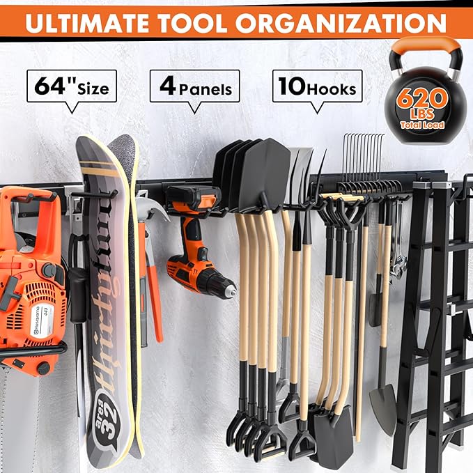 Lvoess 64'' Garage Tool Organizer Wall Mount, 620lbs Heavy Duty Metal Storage Rack | Adjustable Hooks Garden Tool Organization System | Anti-Rust Shed Rack for Hanging Shovel, Rake, Broom, Snowboard