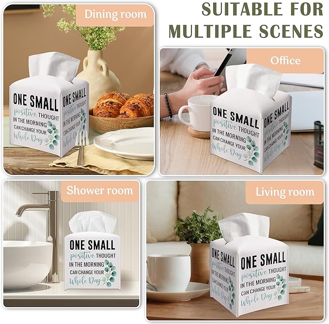 Leather Facial Paper Organizer, Tissue Box Cover Square with Belt Bottom, Inspirational Quote Gift Ideas for Coworkers, One Small Positive Thought Decor for Bathroom Office-(5.2 Inches) A25