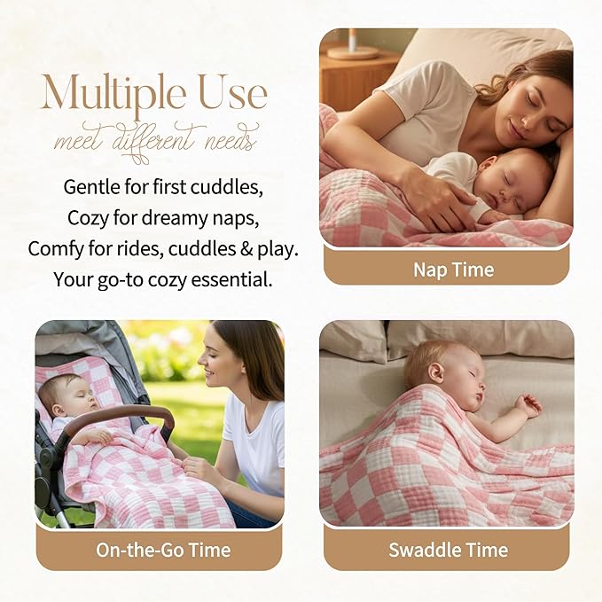 HardNok Ultra-Soft Muslin Baby Blanket - Swaddle & Crib for Girls, Pink Checkered (1-Pack)