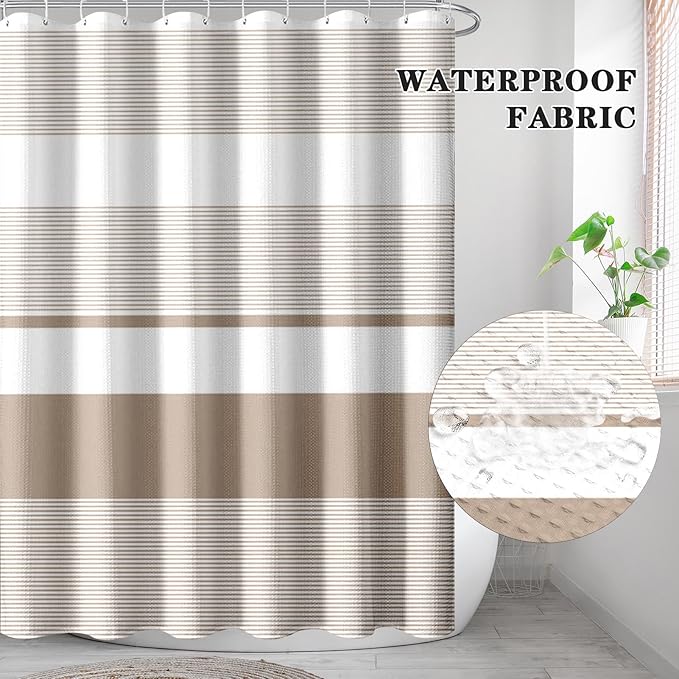 Culudea Striped Modern Boho Waffle Textured Cloth Shower Curtain Set, Taupe White Beige Horizontal Stripe Bathroom Window Waterproof Shower Curtains for Bathroom Decor
