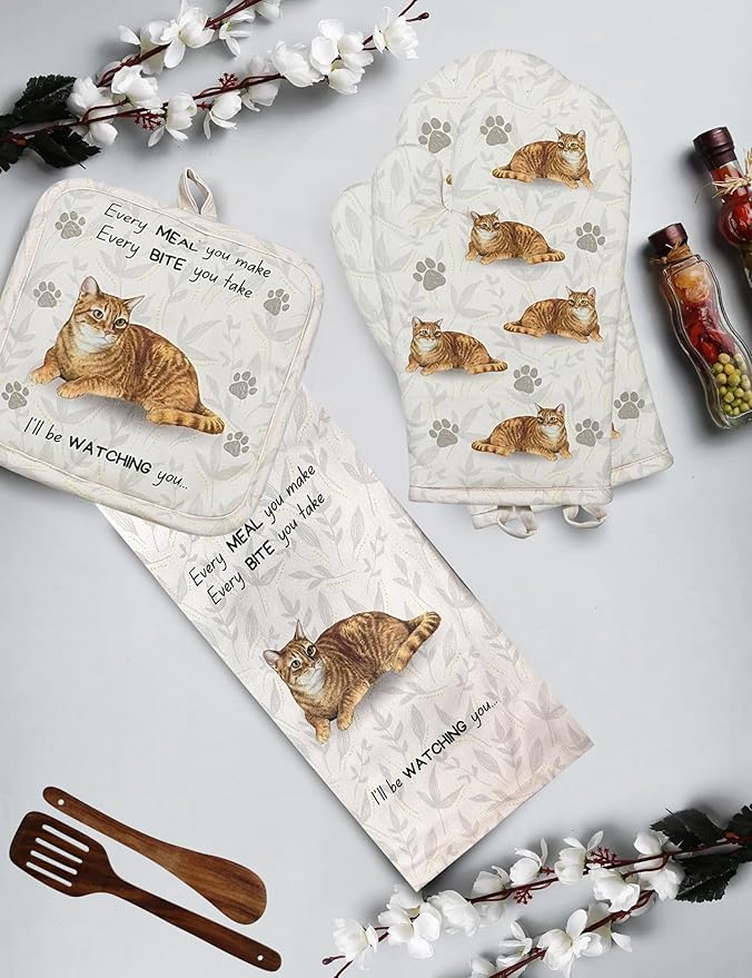 Tabby Orange cat 3-Piece Kitchen Set - Oven Mitt, Pot Holder & Kitchen Towel Set, Heat Resistant up to 420 F, Soft Quilted Cotton for Cooking, Baking, BBQ, Pet Lover Gifts (Tabby Orange Cat)