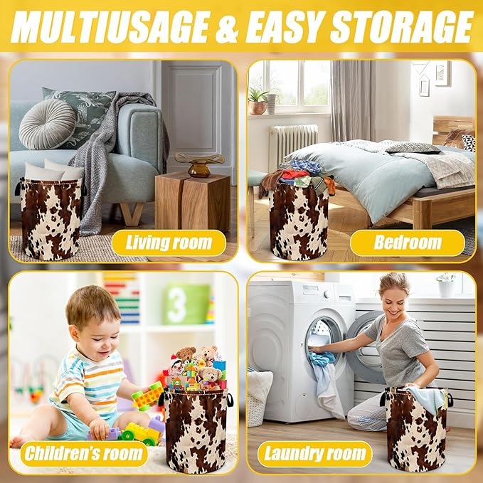 Brown Cowhide Laundry Basket,Laundry Hamper With Handles Collapsible Laundry Baskets Waterproof Dirty Clothes Hamper Storage Basket Toy Bins For Room Bathroom Bedroom Decor