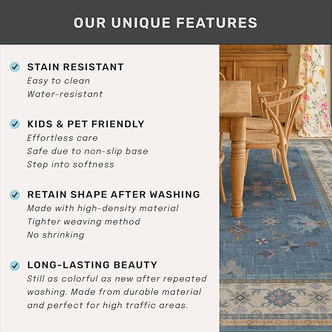 Boho 7x10 Accent Area Rugs for Living Room - Dusky Blue Rug for Bedroom Under Bed, Dining Room Under Kitchen Table, Washable Soft Non Slip Unique Colorful Indoor Décor
