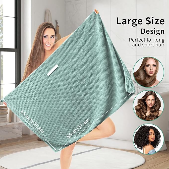 my novel things 2 Pack Extra Large Microfiber Hair Towel Wrap, 37.4" x 26.4" for Women, Super Absorbent & Quick Dry Hair Towel with Elastic Strap for Curly Hair Green