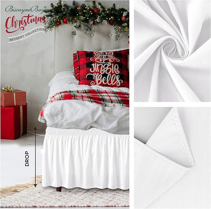 Biscaynebay Wrap Around Bed Skirts for Full & Full XL Beds Extra Short Drop of 9", White Elastic Dust Ruffles Easy Fit Wrinkle and Fade Resistant Silky Luxurious Fabric Solid Machine Washable