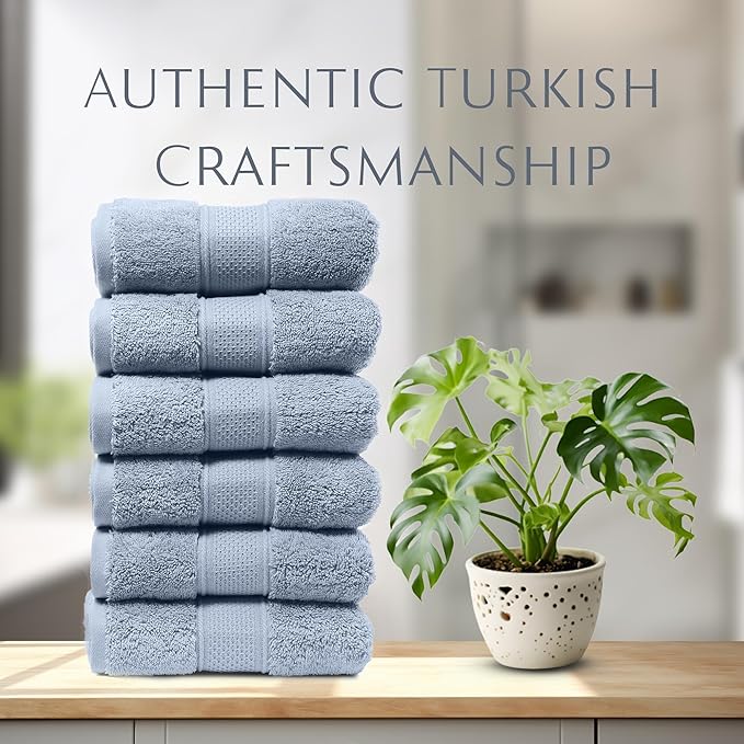 MAURA Light Blue Hand Towels for Bathroom. Luxury Turkish Cotton Bath Hand Towels Set of 6. Ultra-Soft, Thick & Plush - Serenity Blue