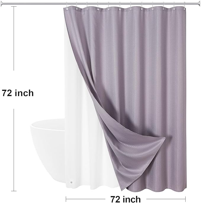 Craidlela 3 in 1 Shower Curtain Set, Purple Waffle Shower Curtain and PEVA Liner Set with 12 Stainless Steel Shower Curtain Hooks, Lavender Waterproof Fabric Shower Curtains for Bathroom, 72 W x 72 H