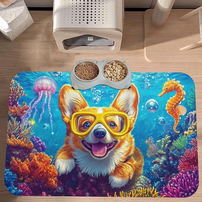 Corgi Food Mat for Floors Waterproof,Quick Dry Anti-Slip Dog Bowl Mats for Food and Water,Pet Feeding Mats,Pet Placemat for Messy Drinkers to Protect Floors,Pets Supplies 23.62×15.75in