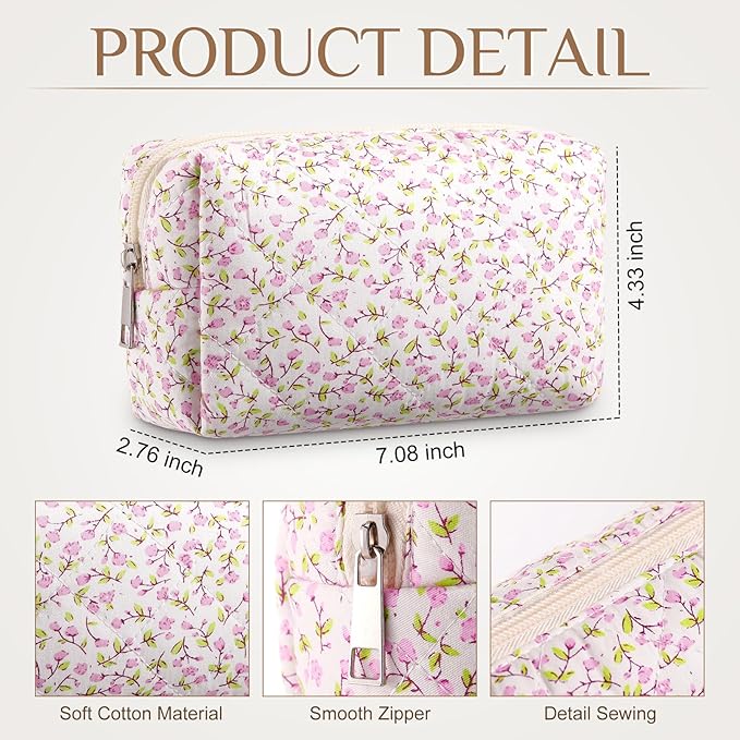 Paterr 6 Pcs Quilted Makeup Bag Bulk for Women Girls Birthday Valentine's Day Bridesmaid Gifts Cute Cotton Cosmetic Pouch Bow Floral Coquette Aesthetic Travel Toiletry Bag(Small Floral,Pink)