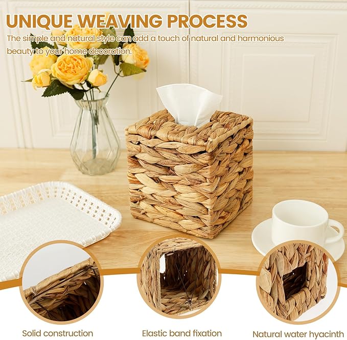 4Pcs Tissue Box Cover Decorative Woven Tissue Holder Aesthetic Facial Paper Box Cover Square Facial Napkin Holder Portable for Table Home Bathroom