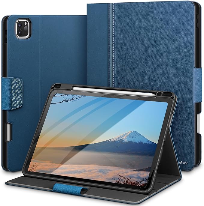 KingBlanc Case for iPad Pro 11 inch 4th/3rd/2nd/1st Generation (2022/2021/2020/2018) with Pencil Holder, PU Leather Protective Stand Folio, Auto Sleep/Wake, Multi-Angles for Viewing/Typing, Blue