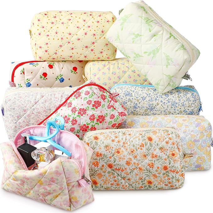 Paterr 10 Pcs Quilted Makeup Bag Bulk Cotton Floral Cosmetic Bag Women Girls Bridesmaid Gifts Cute Makeup Pouch Coquette Aesthetic Travel Toiletry Organizer(Classic Style,7.87 x 4.72 x 3.15 Inches)