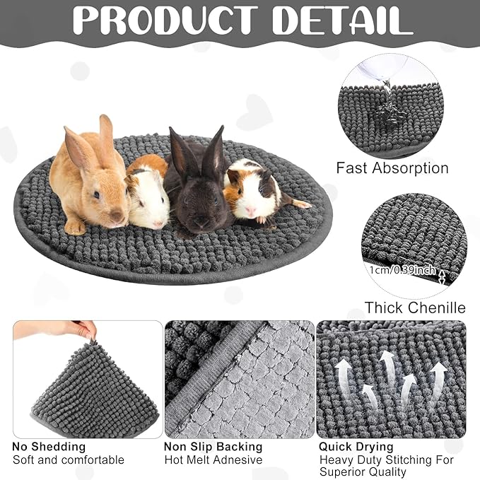 Amylove 4 Pcs Guinea Pig Cage Liner Guinea Pig Bedding Dog Door Mat for Muddy Pet Paws Washable Chenille Pee Pads Small Animal Sleeping Bed for Bunny Hamster(Diameter 12 Inch,Round,Dark Gray)
