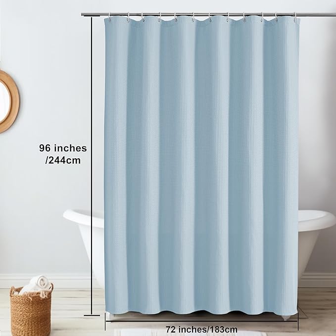 OVZME Extra Long Shower Curtain Set- 96 Inch Long Waffle Weave Heavy Duty Fabric Shower Curtains for Bathroom, Luxury Heavy Duty Thick Cloth Shower Curtain with 12 Plastic Hooks, 72Wx96L, Glacier Blue