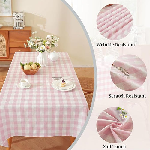 Alsoo Gingham Tablecloth Rectangle Checkered Table Cloth Cotton Linen Fabric Wrinkle Free Washable Buffalo Plaid Table Cover for Kitchen Dining Picnic Camping, Pink and White, 60 * 75 inch