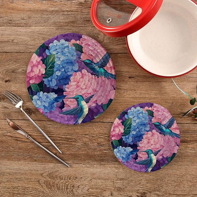 Pink Hydrangea Hummingbird Trivets for Hot Dishes Pots and Pans Potholders Woven Trivet Cotton Round Large Pot Holder Decor Heat Resistant Hot Pads Mat for Table Counter Cooking Potholder Set o