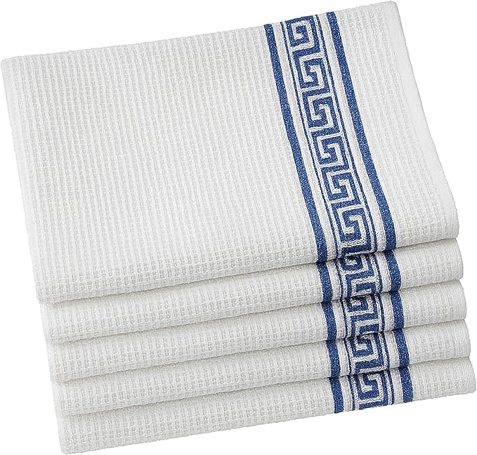 Attica Tracery Pure Cotton Kitchen Tea Towels – White Waffle Towels | Super Absorbent Kitchen Napkins | Reusable Cloths for Dishes, Counters & More - (60x38 cm, Set of 5) (White with Blue Border)