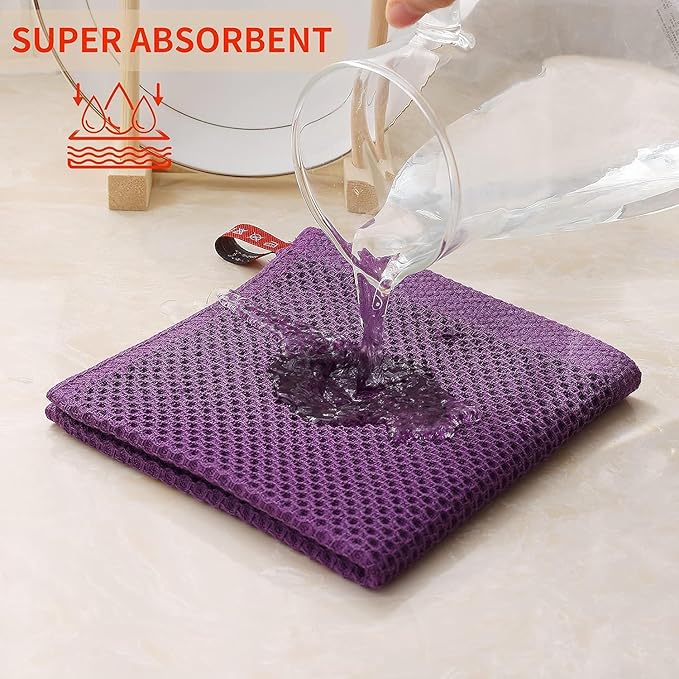 Kitinjoy 100% Cotton Kitchen Dish Cloths, 12 Pack Waffle Weave Ultra Soft Absorbent Dish Towels for Drying Dishes Quick Drying Kitchen Towels Dish Rags, 12 X 12Inch, Violet