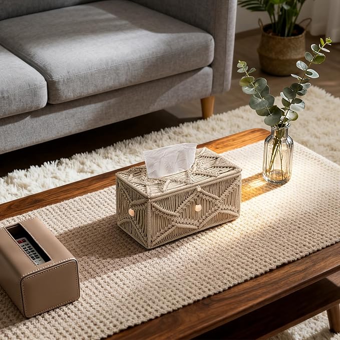 KaloKalo Handmade Tissue Box Cover Rectangle Decorative Macrame Boho Tissue Holder Cotton Rope Woven Napkin Facial Paper Organizer Bohemian Desk Storage Container with Buckle Wood Beads (Khaki)