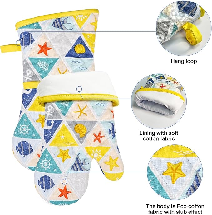 Oven Mitts and Pot Holders with Chef Apron,Set of 5 Heat Resistant Kitchen Gloves and Silicone Non-Slip Potholders Adjustable Neck Buckle Apron, Cotton Nice Design for Cooking (Sea Fish)