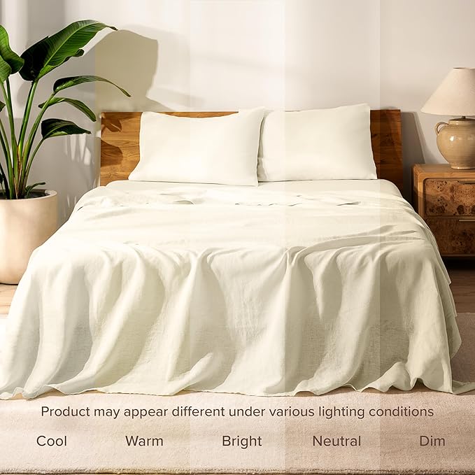 Bare Home Queen Sheet Set - Luxury 100% Linen Bed Sheets - Deep Pockets - Easy Fit - 4 Piece Set - Bedding Sheets & Pillowcases (Queen, Natural)