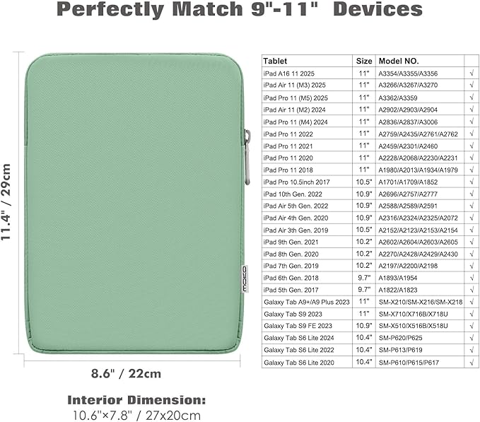 MoKo 9-11 Inch Tablet Sleeve Bag Carrying Case Fits New 11inch iPad Air M3, iPad A16 2025, iPad Pro 11 M4, Air 5/4/3, iPad 10/9/8th Gen, Tab S8/S9 11", Bodhi Green