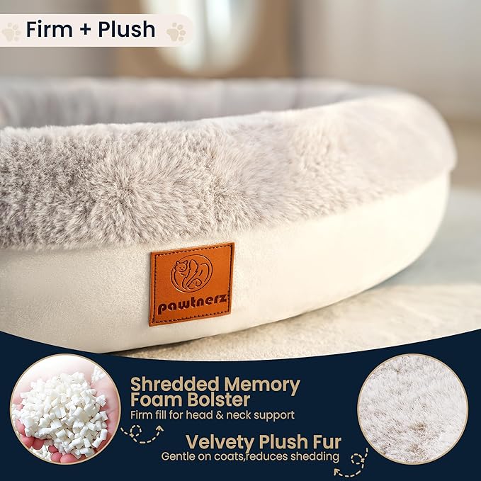 pawtnerz Round Donut Dog Bed – Luxury Orthopedic Dog Beds with Memory Foam – Calming Bolster Pet Bed, Water-Resistant, Washable Plush Cover, Premium Zipper – Small, Medium Dogs & Cats (25 Inches)