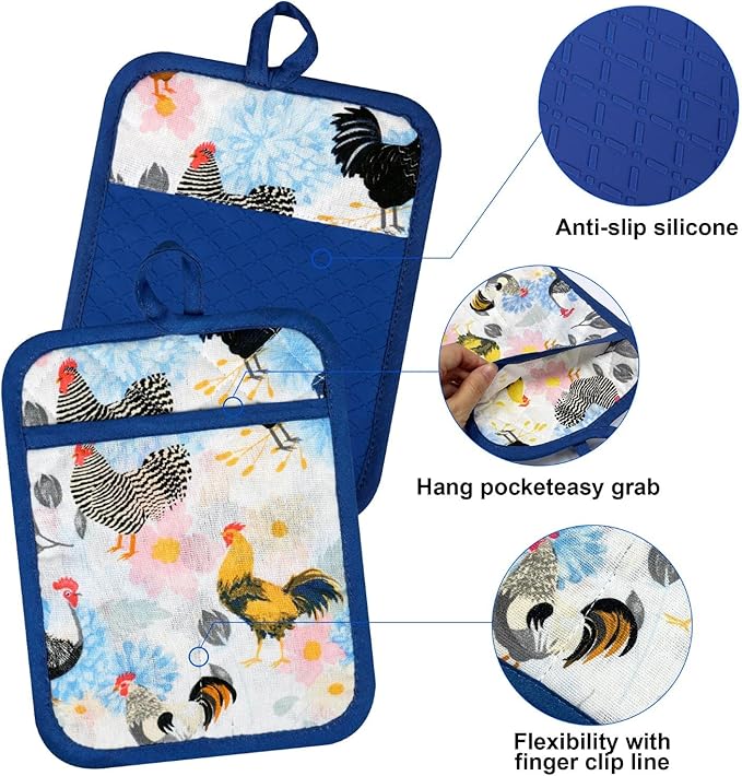 Oven Mitts and Pot Holders with Chef Apron,Set of 5 Heat Resistant Kitchen Gloves and Silicone Non-Slip Potholders Adjustable Neck Buckle Chef Apron, Cotton Nice Design for Cooking (Rooster)
