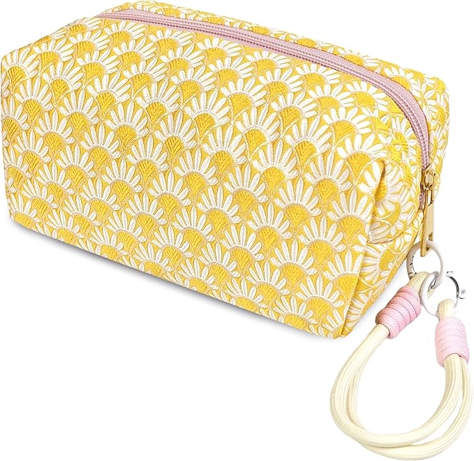 STARDW Aesthetic Floral Makeup Bag with Wrist Strap, Small Cute Cosmetic Pouch for Women with Zipper and Canvas Lining