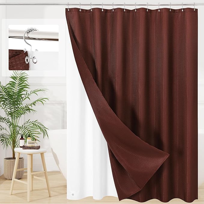 Craidlela 3 in 1 Long Brown Shower Curtain Set-72 W x 78 H, Modern Waffle and PEVA Liner Set with 12 Stainless Steel Hooks, Waterproof Fabric for Bathroom