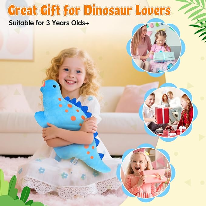 BB FUN HOUSE Dinosaur Pillow Plush, Stuffed Animal Birthday Gift Dino Decorative Throw Pillow for Kids Teens Adult Room Decor Soft Plushie Toy, Blue