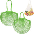 M METERXITY 2-Pack Cotton Mesh Bag, Reusable Washable Mesh Net String Grocery Bags, Reusable Produce Bags with Handle, Net Tote Bag for Fruits/Vegetables Shopping [Green, Long&Short Handle]
