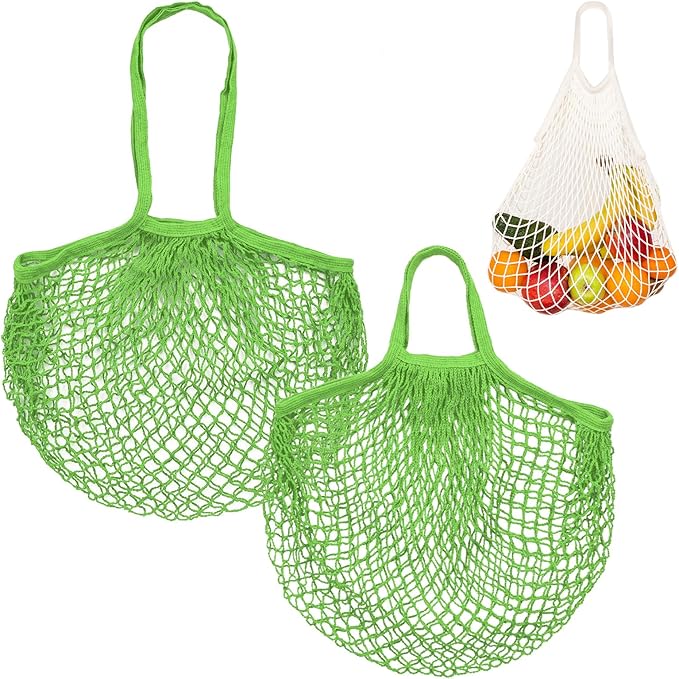 M METERXITY 2-Pack Cotton Mesh Bag, Reusable Washable Mesh Net String Grocery Bags, Reusable Produce Bags with Handle, Net Tote Bag for Fruits/Vegetables Shopping [Green, Long&Short Handle]