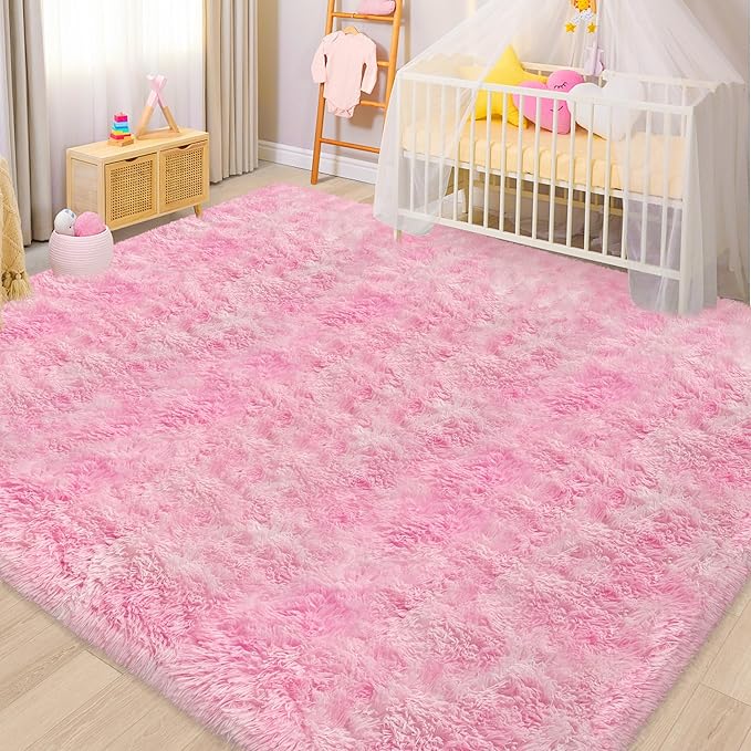 8x10 Pink Area Rugs for Bedroom Girls Room, Tie-Dyed Fluffy Pink Rug for Bedroom Living Room Big Shag Carpet, Ultra Soft Plush Thick Furry Rug Non Slip for Girls Kids Nursery Room Dorm