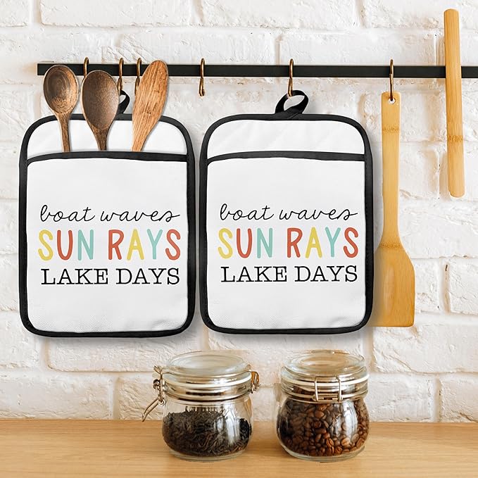 Lake Gifts Pot Holders with Pockets, Lake House Life Gifts for Women, Boat Waves Sun Rays Oven Pot Holders Heat Resistant Oven Mitts Hot Pads for Kitchen Baking Cooking