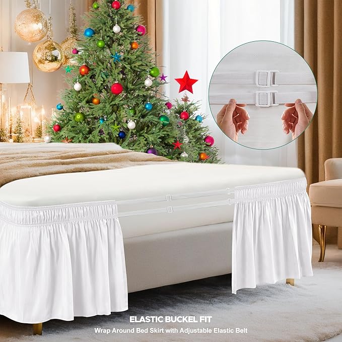 Biscaynebay Wrap Around Bed Skirts for Full & Full XL Beds Extra Short Drop of 9", White Elastic Dust Ruffles Easy Fit Wrinkle and Fade Resistant Silky Luxurious Fabric Solid Machine Washable