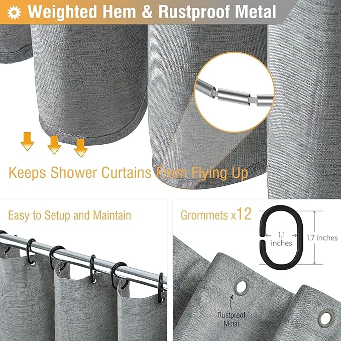 BTTN Extra Long Fabric Shower Curtain - 72x90 Inch Linen Textured Heavy Duty Cloth Shower Curtain Set with 12 Plastic Hooks, Large Modern Hotel Luxury Polyester Shower Curtains for Bathroom, Gray/Grey