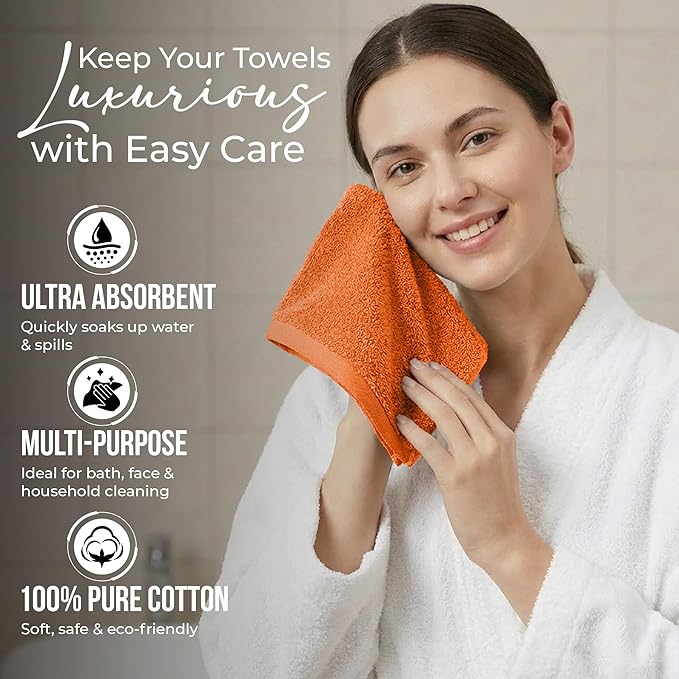 RIVERSIDE 24 Pack Washcloths Set - 100% Cotton [12x12 Inches] - 500 GSM, Soft, Quick-Dry & Highly Absorbent Face Towels - Perfect for Bathroom, Gym, Hotel, Spa & Travel - Orange