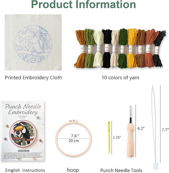 Myfelicity Punch Needle Embroidery Kit, Beginner Craft Set with Animal Pattern Design, 7.9 Inch Hoop (Toucan)