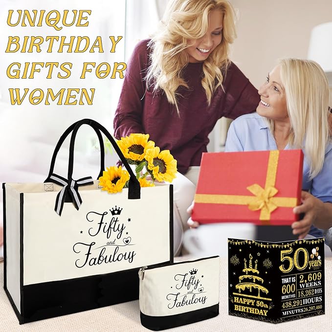 YeohJoy 50th Birthday Gifts for Women 50 and Fabulous Canvas Tote Bag Travel Gear, Unique 50 Years Old Gifts for Wife Sister Mom Aunt Friends Her, Handbag & Cosmetic Bag & 50 Birthday Poster