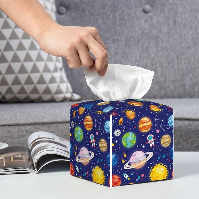 POIUBLE Leather Tissue Box Holder Solar System Universe Planet Tissue Box Cover Square Waterproof Tissue Holder Organizer Modern Napkin Holder for Bedroom Dresser Night Stand Office Desk