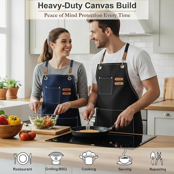 Canvas Work Apron for Men Women with 3 Pockets Heavy Duty Crossback Kitchen Chef Aprons for Cooking Grilling Barista